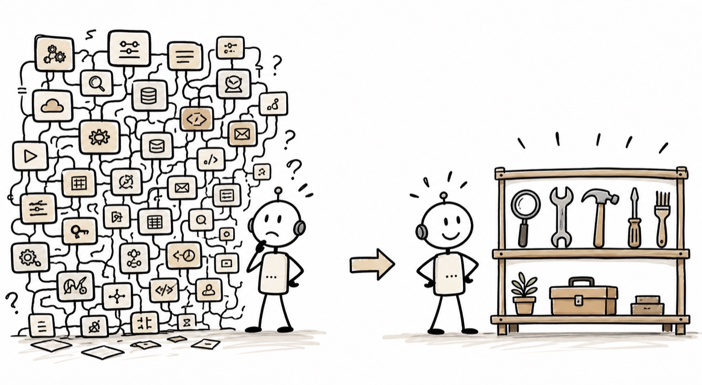 A hand-drawn agent moving from a crowded wall of ambiguous integrations to a small shelf of curated tools.