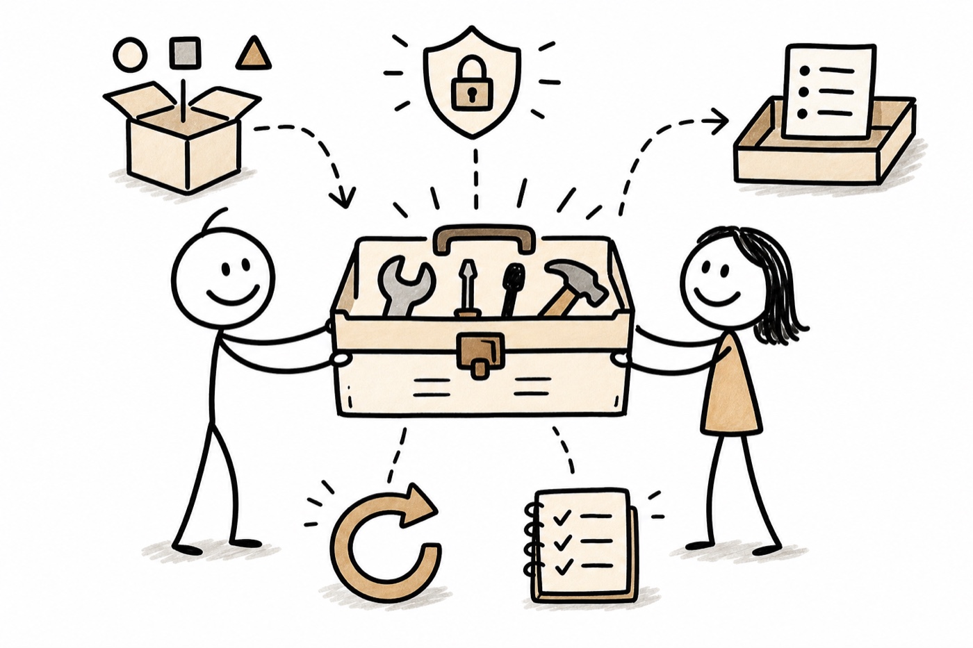 A hand-drawn agent and engineer holding a toolbox with input, output, permission, recovery, and logging cues.